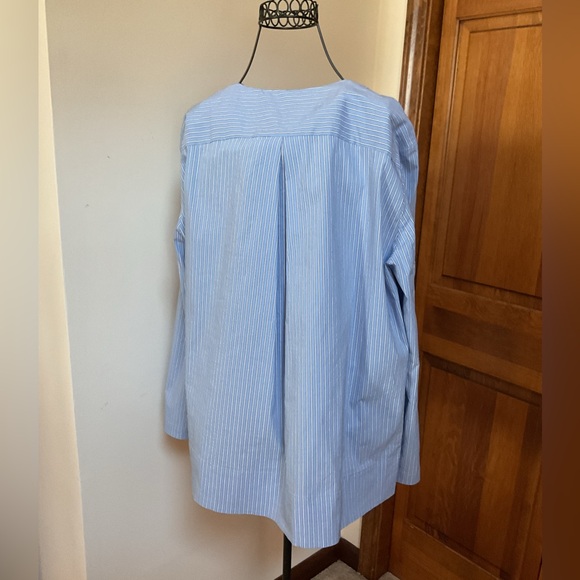 ZARA BLUE WHITE STRIPE COTTON BLEND V NECK POPLIN BLOUSE  WITH VENTS SIZE M - Picture 5 of 11